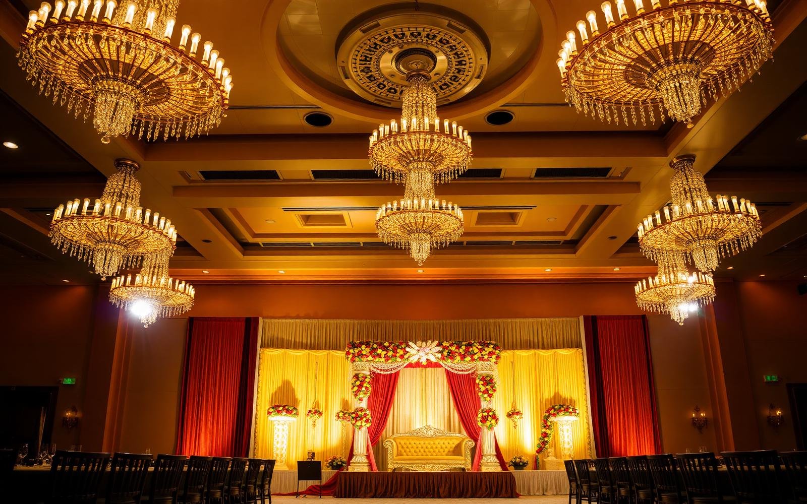 Grand Indian banquet hall with chandeliers
